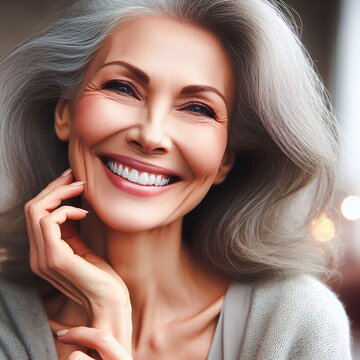Beautiful elderly older model woman with gray hair laughs and smiles