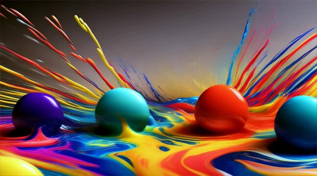 A colorful painting of balls in a pool of paint. The balls are of different colors and sizes, and they are floating on the surface of the paint. The painting conveys a sense of movement and energy