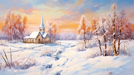 Church in winter snowy landscape beautiful oil painting