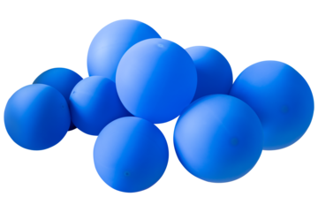 A stack of blue balloons on a white background. The balloons are all different shades of blue.