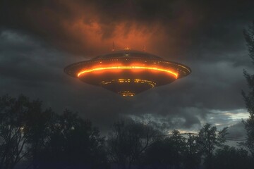 Fototapeta na wymiar The glowing lights of the alien flying saucer illuminate the darkening sky as it hovers silently