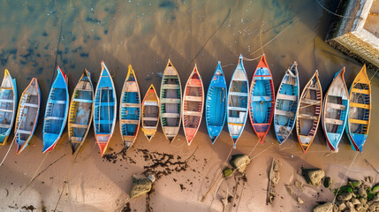 Top down view od wooden moroccan boats at the ocean shore in Essaouira, Morocco - obrazy, fototapety, plakaty