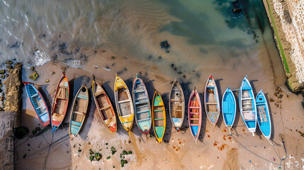 Top down view od wooden moroccan boats at the ocean shore in Essaouira, Morocco - obrazy, fototapety, plakaty