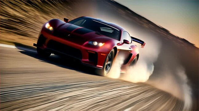 A red sports car is speeding down a road with smoke coming out of its back. The car is in the middle of a curve, and the driver is likely taking a sharp turn. Concept of excitement and adrenaline
