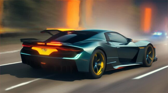 A car with neon lights is driving down a road. The car is black and has a red stripe. The lights on the car are bright and colorful, giving the car a futuristic and energetic appearance