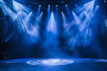 many turned on blue spotlights illuminate an empty stage, a background for a splash screen or filling, a performance, a show - obrazy, fototapety, plakaty