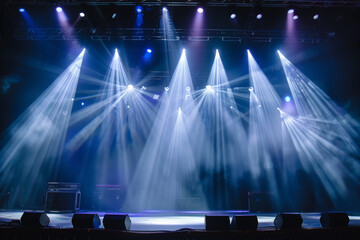 many turned on blue spotlights illuminate an empty stage, a background for a splash screen or filling, a performance, a show