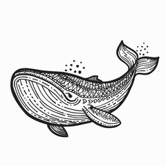Cute hand drawn whale. Vector illustration isolated on white background.