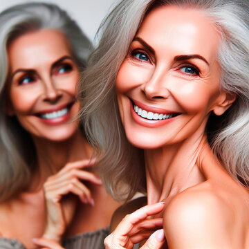 Beautiful elderly older model woman with gray hair laughs and smiles