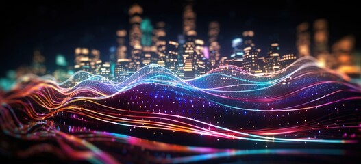 See a city skyline with buildings intricately connected by data lines, representing the digital transformation of urban landscapes.