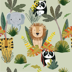 Cute animal in the tropical forest seamless pattern