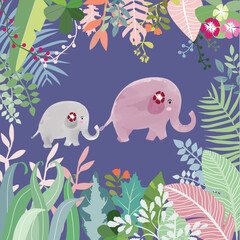 Cute mom and baby elephant in sweet forest cartoon