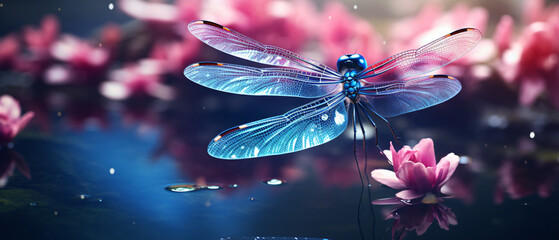 A blue dragonfly sitting on top of a pond  - Powered by Adobe