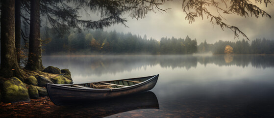A boat sitting on the shore of a lake in a foggy forest - Powered by Adobe
