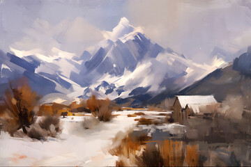 Beautiful mountains landscape painting, Semi-abstract loosely oil painting style, Generative AI illustration.