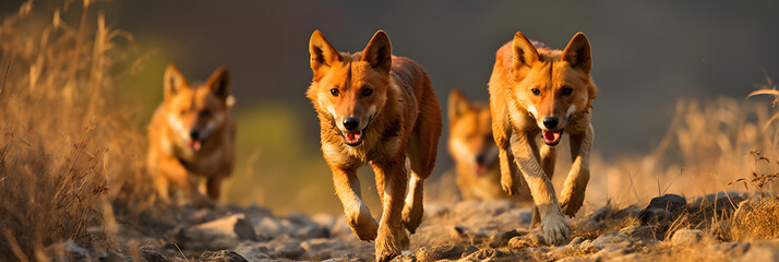 A Pack of Dholes (Asiatic Wild Dogs) Roaming Freely in Their Natural Wilderness Habitat - An...