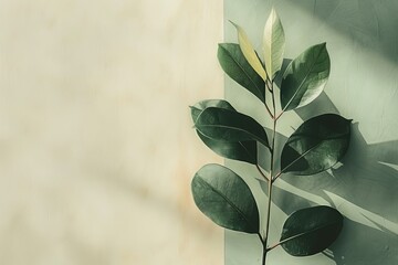 Minimalistic botanical composition with a single branch against dual-tone background