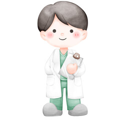 cute male doctor boy holding medical chart watercolor han draw illustration isolated 