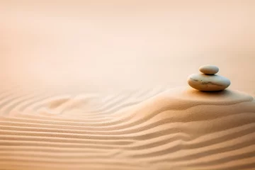 Foto auf Acrylglas Stones on sand. Zen Stones With Lines On Sand - Spa Therapy - Purity harmony And Balance Concept  © olga