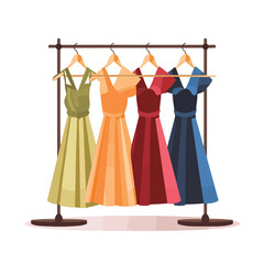 Clothes racks with dresses on hangers. Flat style 