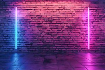 dark black brick wall background, rough concrete, plastered concrete floor, with neon purple...