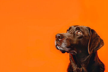 close-up of a brown Labrador dog looks questioningly at an isolated background. The dog asks for...