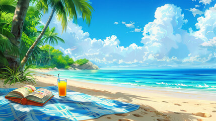 Tropical beach, blue sky, palm trees. Against the background of the ocean, a sun lounger, a beach towel, a book and a glass of drink.