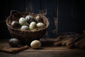 Fototapeta premium quail eggs in a wicker basket