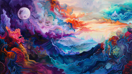 Colorful abstract oil painting. Surreal landscape artwork