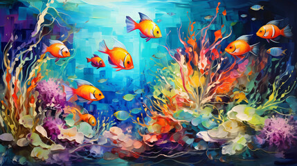 Fototapeta na wymiar Colorful fantasy underwater world with beautiful fishes