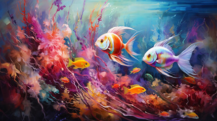 Colorful fantasy underwater world with beautiful fishes