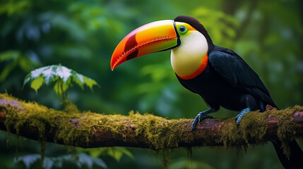 Obraz premium Toucan sitting on the branch in the forest, green vegetation, photo shoot --ar 16:9 --v 5.2 Job ID: 05041420-e932-4ffa-8efe-5fe6d47c0fa9