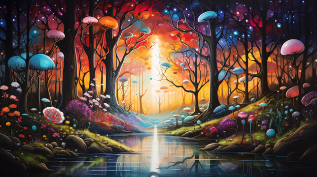 Colorful forest background painting