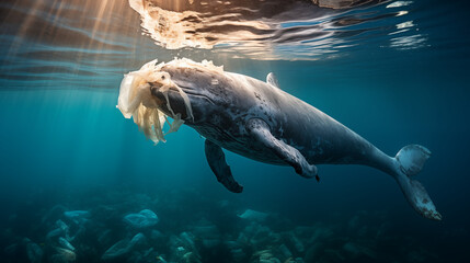 Whale in the ocean trapped by plastic rubbish, photo shoot
