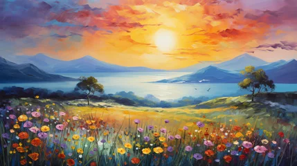 Zelfklevend Fotobehang Colorful landscape oil painting background with space © Natia