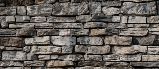 A detailed shot of a stone wall constructed with numerous rectangular bricks, showcasing the intricate pattern and sturdy construction of the building material