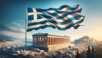 Realistic illustration for greek independence day with large waving flag.