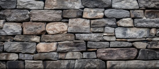 A detailed closeup of a rectangular stone wall constructed with various rocks, showcasing a beautiful pattern of different building materials