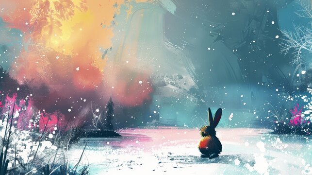 minimalist winter landscape painting, colorful, small rabbit