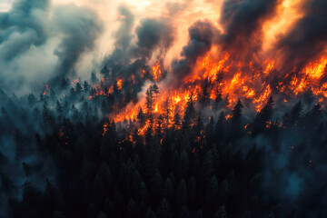 forest fire at night. Natural disaster in summer due to drought. Aerial top view from above drone