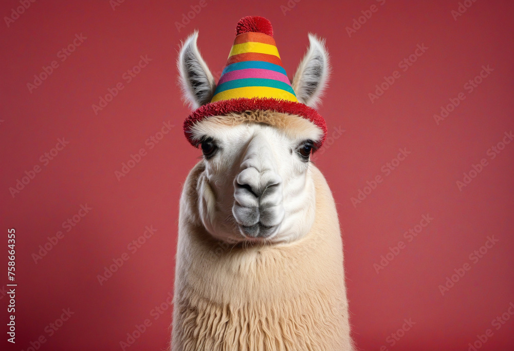 Wall mural Llama wearing colourful traditional hat on a red background - Wall murals