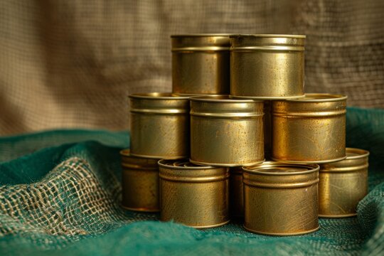 Stacked unopened cans on green cloth. Golden colored tins with canned food.