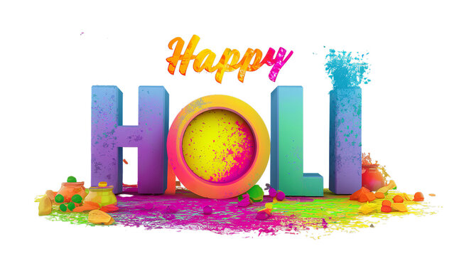 Happy Holi in colorful text on a transparent background