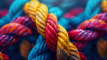 Close-up of colorful braided ropes intertwined, with a focus on a red and yellow section against a blurred background of blue and orange ropes, depicting strength, unity, and diversity.