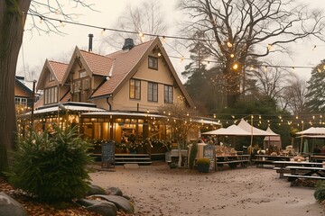 A Stockholm winter market encircles a craftsman-style house