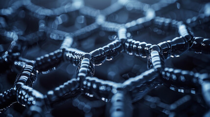 Close-up image showcasing the intricate details of a blockchain network concept, represented by interconnected metallic chains with a focus on the links, illuminated by a cool-toned