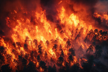 danger forest fire at night. Natural disaster due to drought. Aerial top view from above drone