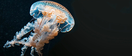A close up of a jellyfish in the water with a black background