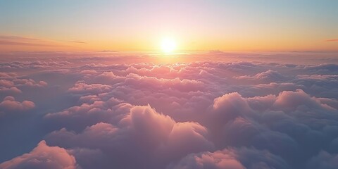 Aerial view of a sunset above clouds provides a breathtaking window perspective