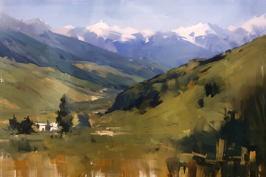 Beautiful mountains landscape painting, Semi-abstract loosely oil painting style.